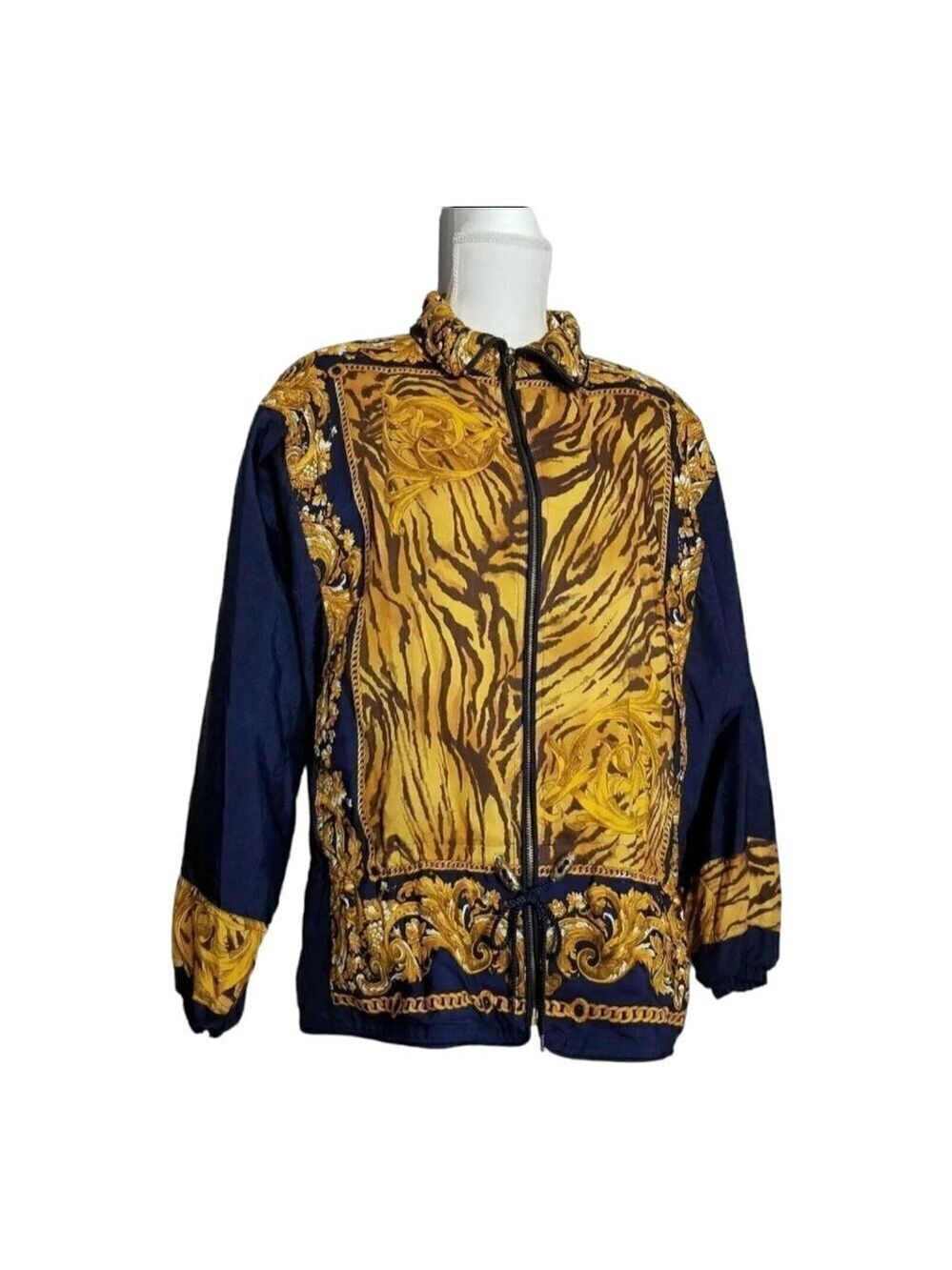 Vintage East‎ West Windbreaker Jacket Size Small Navy Gold Animal Print